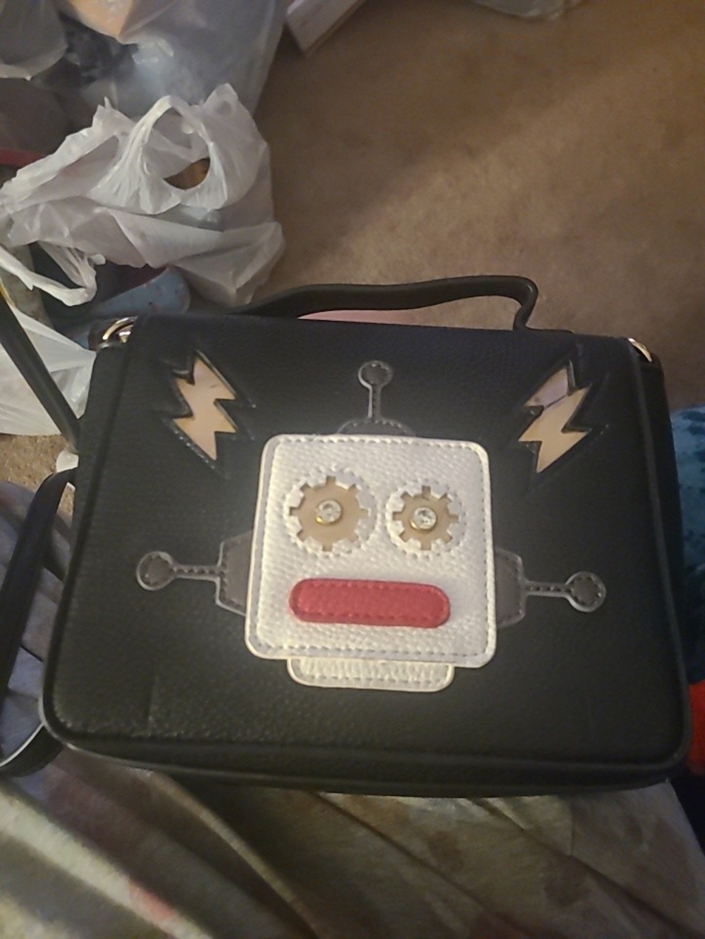 Charming Charlie Black Crossbody Bag with Robot Applique